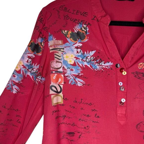 Desigual Red Botanical Print Long Sleeve Casual Pop Over Blouse Size M - Picture 5 of 14